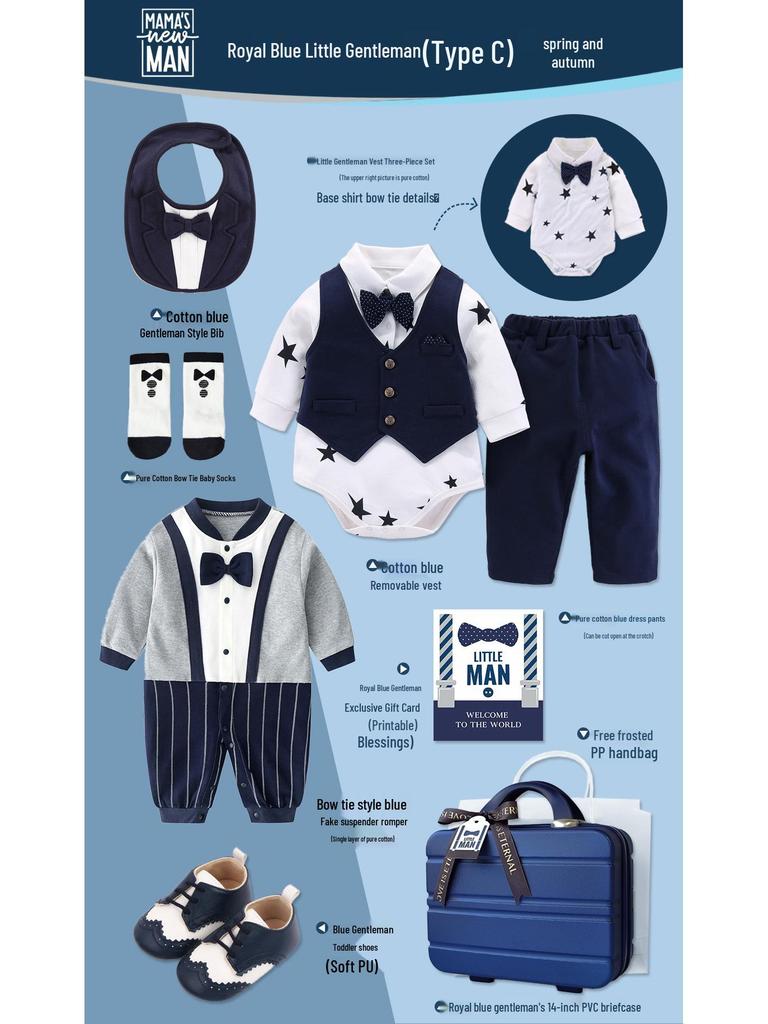 Royal Blue Baby Boy Gentleman Suit Gift Set for Autumn/Winter - Perfect for First Birthday, Full Moon, or Hundred Days Celebration