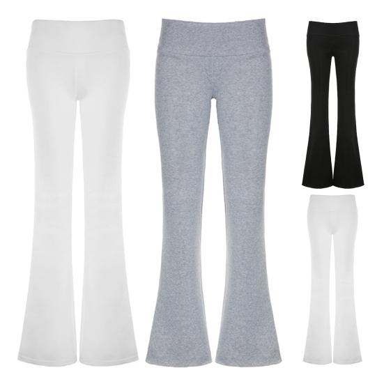 Women Flared Pants Elastic High Waist Solid Color Casual Trousers Basic Style Slim Fit Long Pants