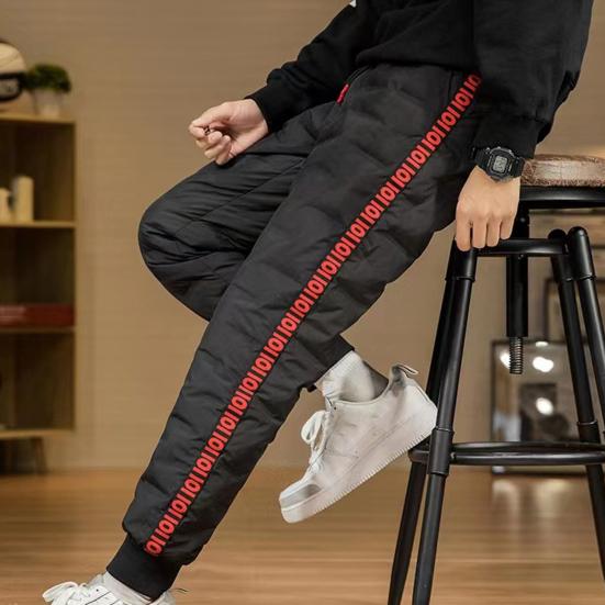 Autumn Winter Down Pants Elastic Waist Drawstring Solid Color Thickened Warm Pants Windproof Snow Warm Cotton Pants