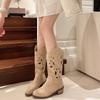 Women's Cowboy Boots Round Toe Thick Heel Mid-calf Women's Shoes Retro Mid-heel Imitation Suede Fashionable Hollow Design Boots