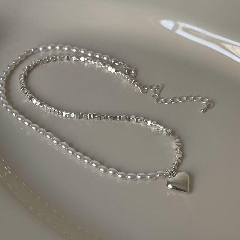 Silver Beaded Love Necklace For Women'S Girls Light Luxury Style Clavicle Chain Jewelry