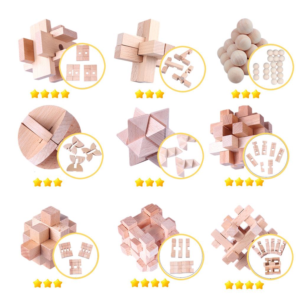 9Pcs Wooden Brain Teaser Puzzle IQ Test Toy Kong Ming Lock Puzzle Disentanglement Puzzles Toy