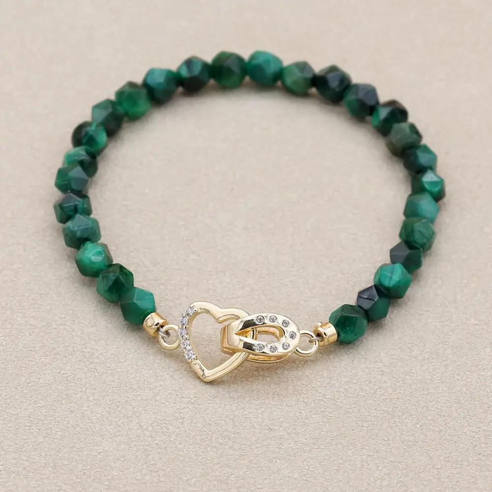 6mm Blue Tiger Eye Beads Copper Heart Shape Beaded Strand Bracelet & Bangle Women Men Lover Handmade Jewelry Valentine's Gifts