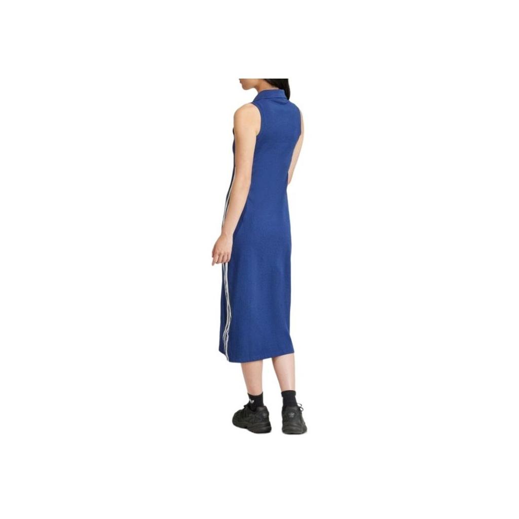 Adidas Originals Striped High Waist Polo Long Comfort Sleeveless Dress Women Dress Blue IR6126