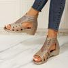Summer New Large Size Wedge Heel Rhinestone Sandals Women's Hollowed Out Rear Zipper Casual Sandals