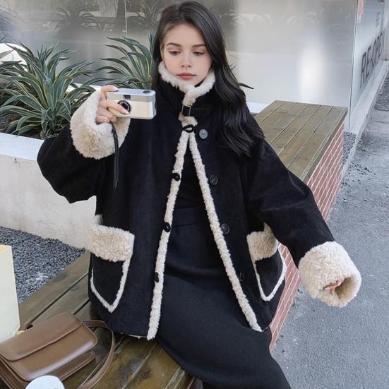 Women Winter Jacket Retro Fleece Contrast Color Thickened Plush Outerwear High Collar