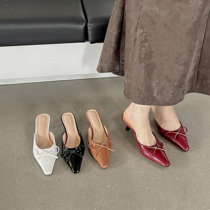 Pointed High-heeled Slippers Spring New with Skirts, Fitting Shoes Low-heeled Bow Bag Head Half Slippers