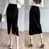 Women Midi Skirt High Waist Irregular Front Slit Design Golden Velvet Skirt Solid Color Design Leg-shaping Skirt