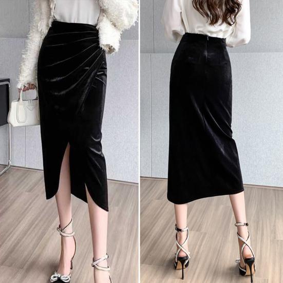 Women Midi Skirt High Waist Irregular Front Slit Design Golden Velvet Skirt Solid Color Design Leg-shaping Skirt