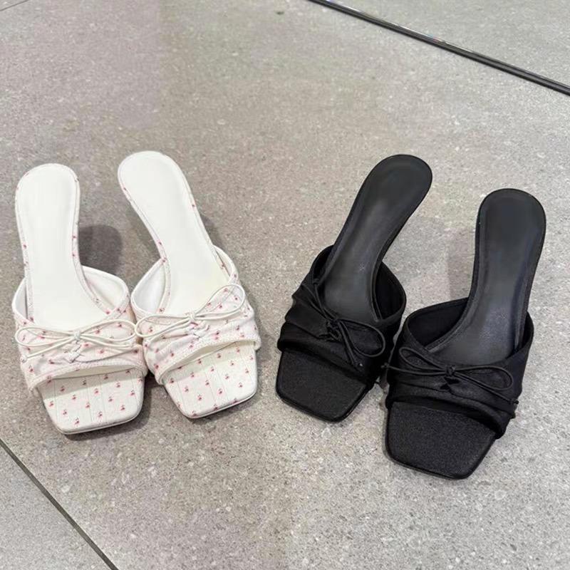 Fashion Women's Shoes 2025 Fashion New Summer Outdoor Peep Toe Women's Slippers Square Toe Stiletto Butterfly-knot Slippers