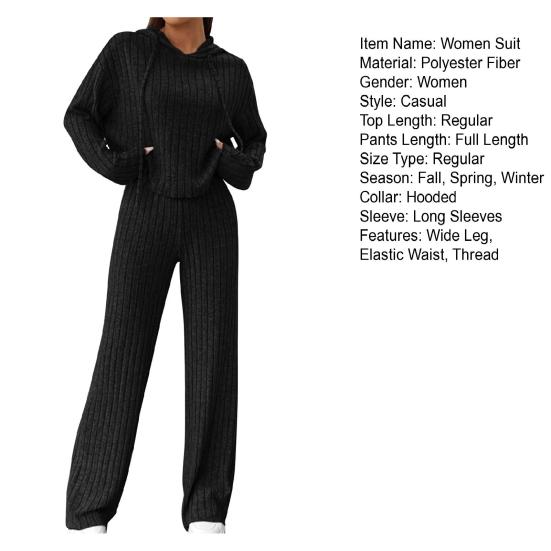 2 Pcs/Set Women Hoodie Pants Suit Drawstring Thread Long Sleeves Solid Color