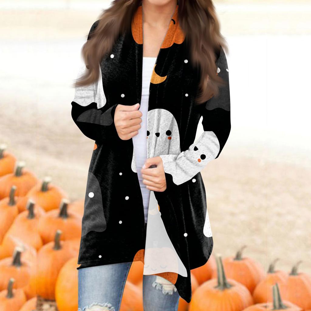 Women's Fashion Casual Halloween Printed Mid-Length Irregular Hem Cardigan Jacket