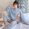 2PCS/Set Large Size Women Pyjamas Purple Plaid Can Be Worn Outside Homewear Girl  Long-Sleeved Sleepwear Casual Breathable