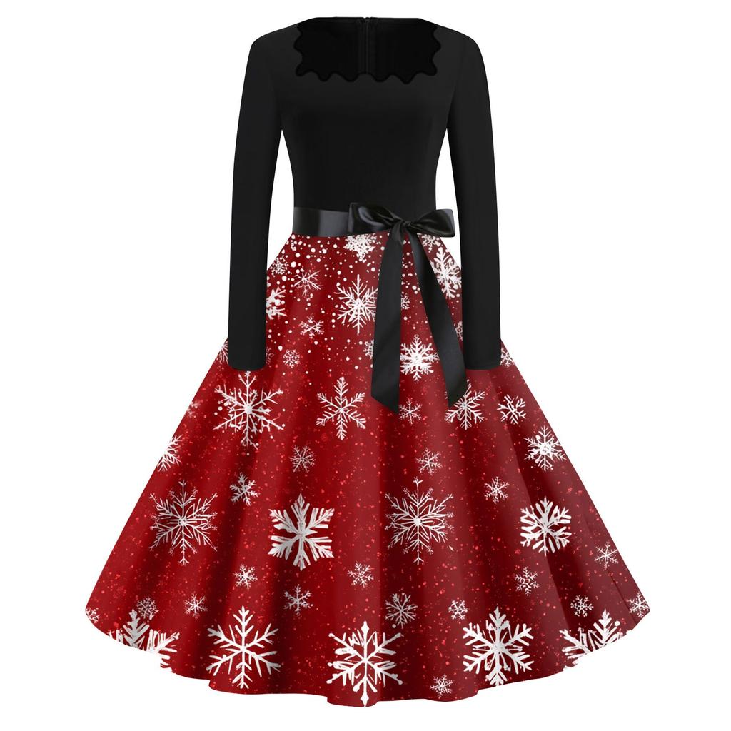 Women's Fashion Round Neck Casual Slim Christmas Printed Long Sleeve Dresses
