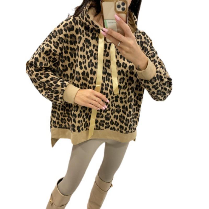 Women's New Spring and Autumn Sweater Long-sleeved Hooded Loose Leopard Print Top
