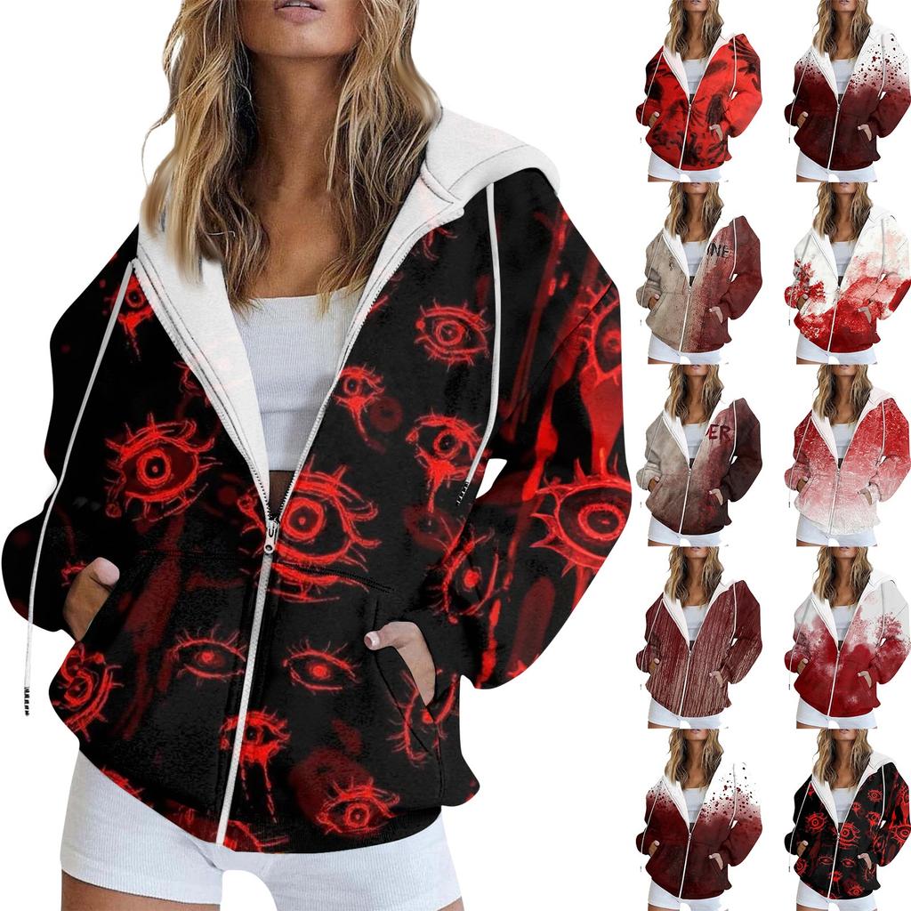 Women's Fashion Casual Halloween Printed Sweatshirt Long Sleeve With Pocket Cardigan Jacket Zipper Hoodie Coat
