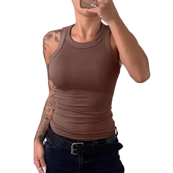 Women Vest Round Neck Sleeveless Elastic Slim Fit Tops Solid Color Sport Camisole