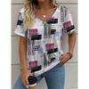 Summer Women's T-Shirt Vintage Casual Plaid Printing Fashion V Neck Pullover Short Sleeve Printed Loose Daily Tops Large Size Design Clothe