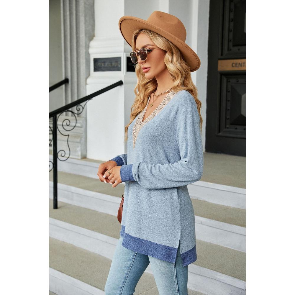 Women's Long Sleeve T-Shirt Fall/Winter Sweatshirt Women's Lace V-Neck Color-Blocked Split Hem Loose Top
