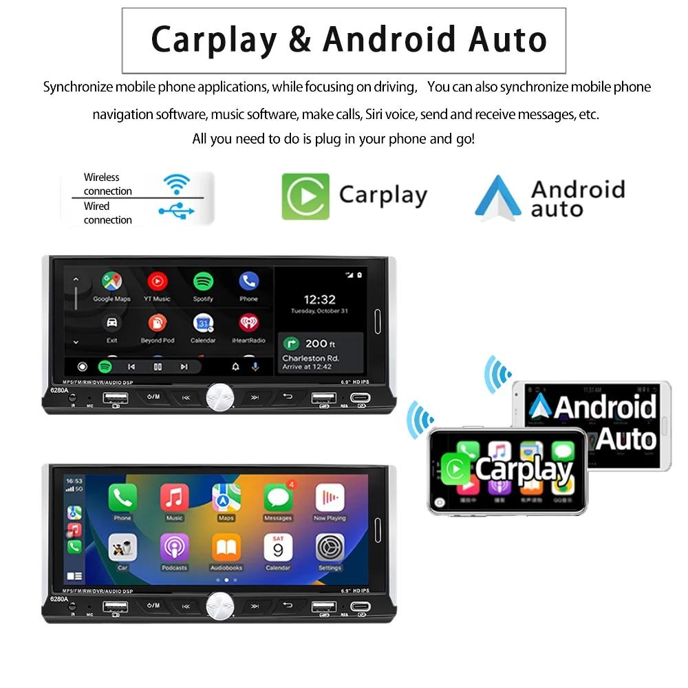 6.9'' Touch Screen 1Din Universal Car Radio Wireless Carplay Android Auto Smart Multimedia Player Wifi Navigation GPS FM Stereo