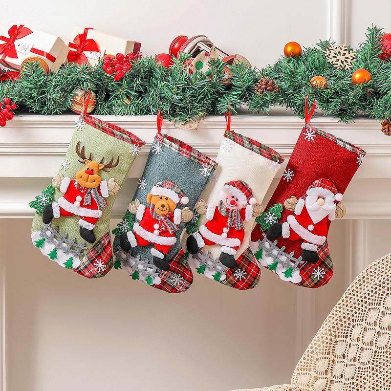 Linen Christmas Stocking Fence Christmas Gift Bag Christmas Tree Ornament Candy Bag Ornament