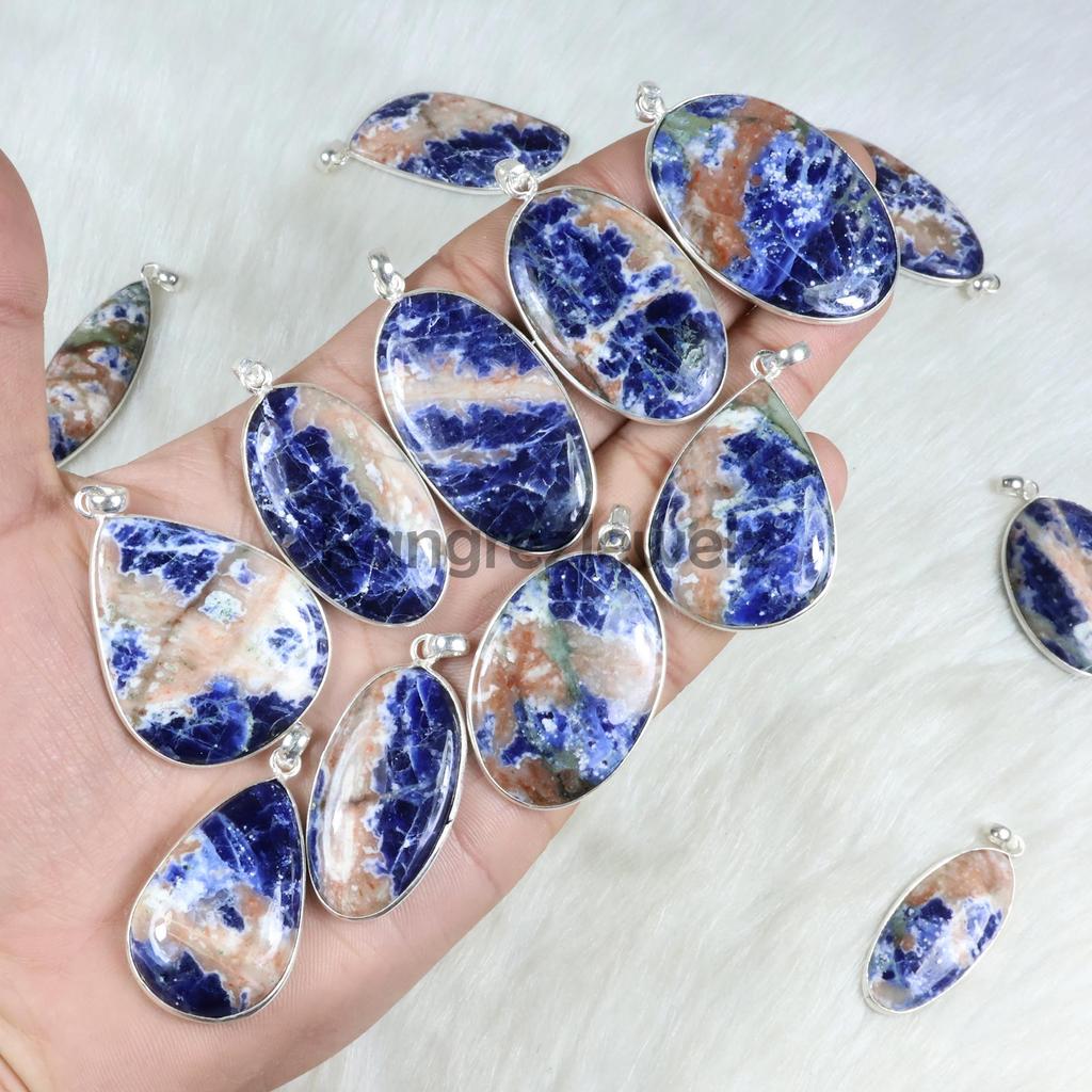 Sodalite Pendant Sterling Silver Pendant Orange Blue Sodalite Gemstone Pendant Bezel Pendant Narrow Loop Pendant Sodalite Necklace Jewelry