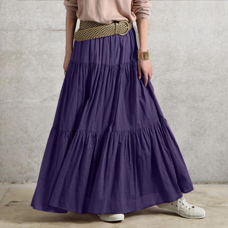 Women Cotton A-line Skirts Summer Loose Casual Elastic Waist Long Skirts