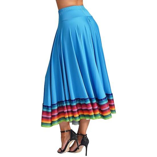Maxi Skirt Ladies Folk Dance Skirt Elastic Waist Spanish Swing Skirt Rainbow Large Swing Hem Mexican Flamenco Performance Skirt