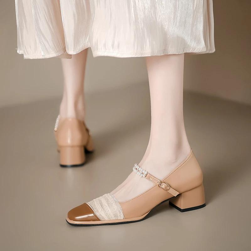 Fashion Elegant Mary Janes Shoes New Designer Square Toe Lace Pearls Buckle Strap Shallow Mid Thick Heeled Pumps Women
