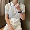 Men Summer Shirt Thin Knitted Short Sleeve Zippered Lapel Top Stretchy Hem Striped Solid Color Loose Shirt for Commuting Travel Outdoor