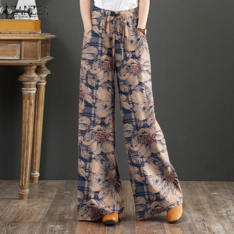 ZANZEA Women Floral Print Casual Elastic Waist Wide Leg Trousers Pants
