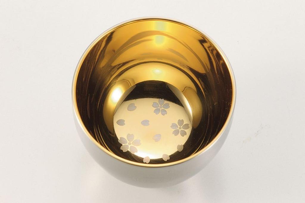 Eco Bag Sake Glass Stainless Steel Double Layer Sakura Sake Cup Gold Plated 58ml Made In Vietnam Made In Japan J-kitchens & 18-8 (24K Inside) /