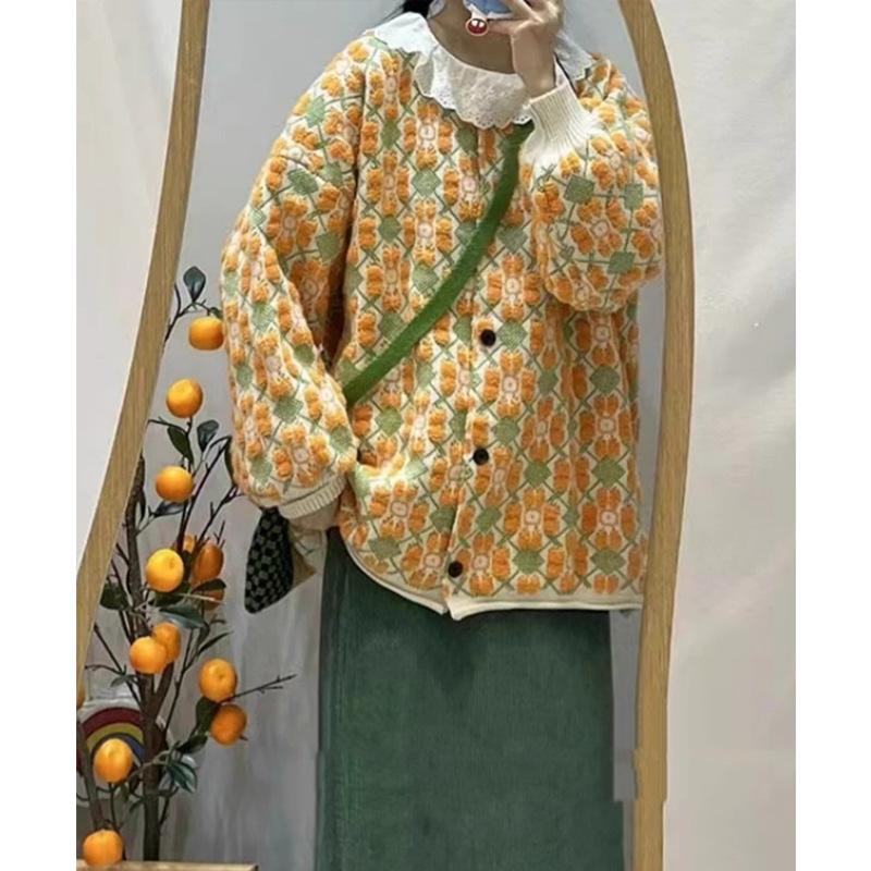 Sweet Flower Color Collision Loose Sweater Jacket Women's Autumn and Winter Retro Literary Knitted Cardigan