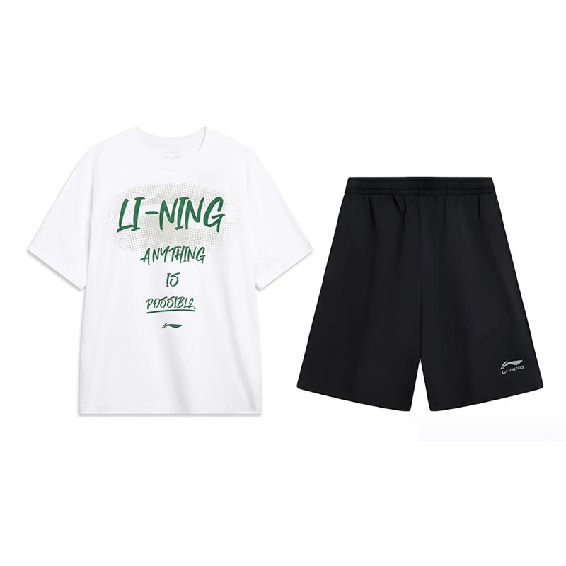 Li Ning Letter Round Neck Breathable Versatile Short Sleeve T-Shirt And Mid Waist Shorts Casual Sports Set Unisex Sets AHSU803-1+AKSV291-1