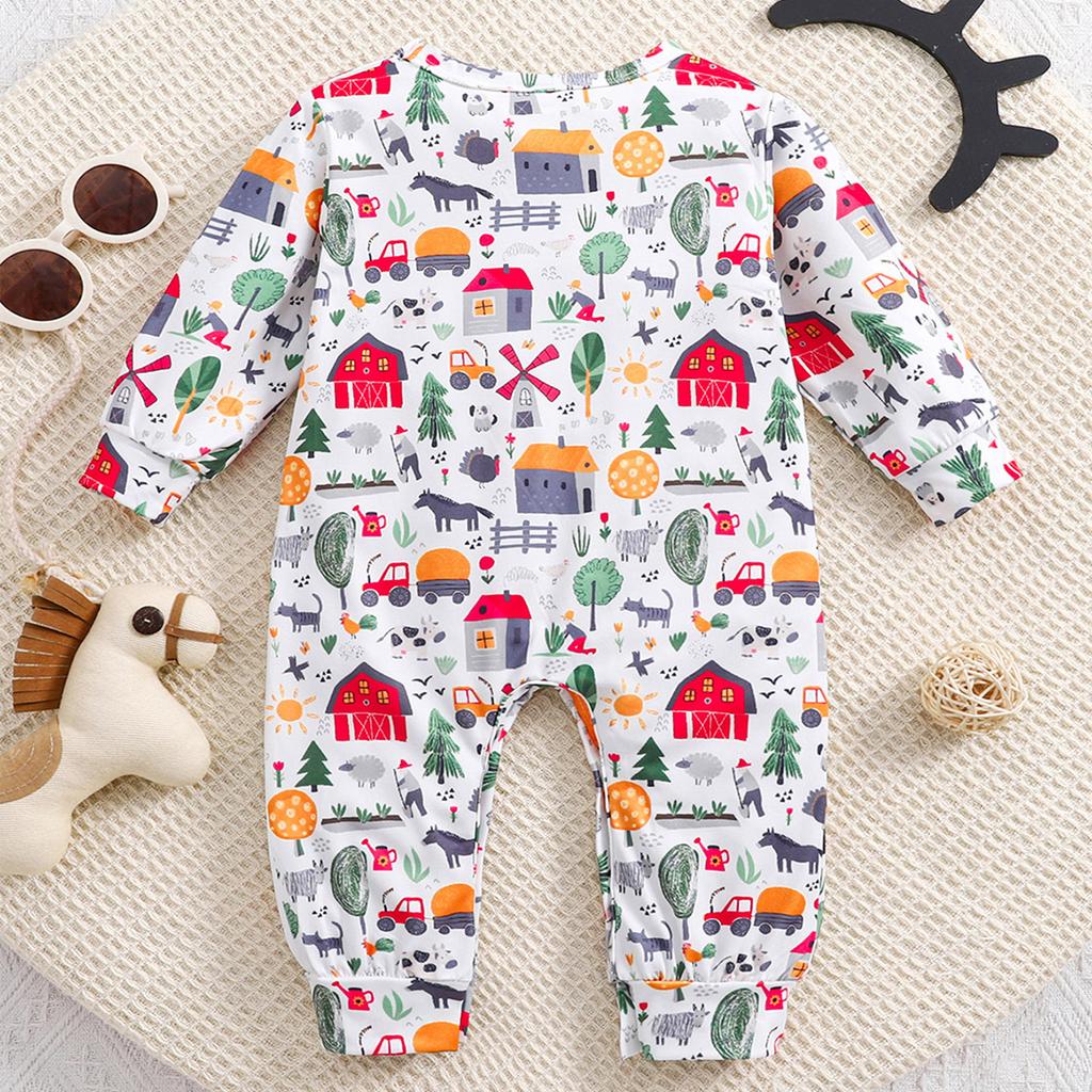 1-18 Months Infant Boy Farm Cute Pattern All-over Print Long Sleeve Romper