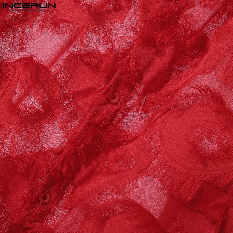 INCERUN Men Long Sleeve Button Up See Through Tassels Shirts Party Tops