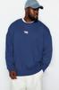 Men's Style Plus Size Navy Blue Plus Size Oversize Wide Cut Animal Embroidered Fleece Sweatshirt