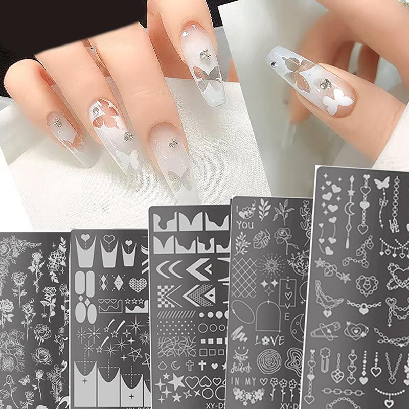 Butterfly Flower Nail Art Stamping Plates Drawing Template Geometric Stripe Line 3D Image Stencil Mold Manicure Template