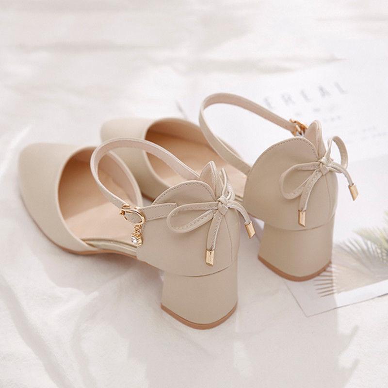 Bowtie High Heels Woman Pointed Toe Single Shoes Women Pumps Ankle Strap Sandals Block Heel Footware For Office Lady Beige