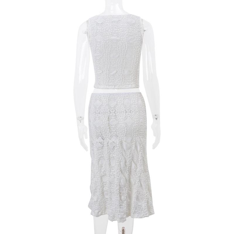 Y2K White Casual 2 Piece-Set Long Skirt Women Hollow Out Patchwork Sexy Cropped Tank Top and Maxi Skirt Sets Female Outfits
