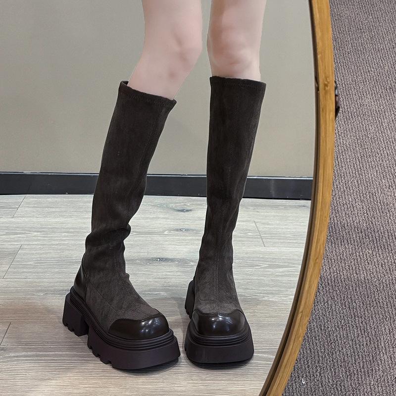 2025 Skinny Thick Heel Retro Elastic Skinny Boots Women's Autumn Thick-soled Medium Heel Martin Boots British Style Tall Socks Boots