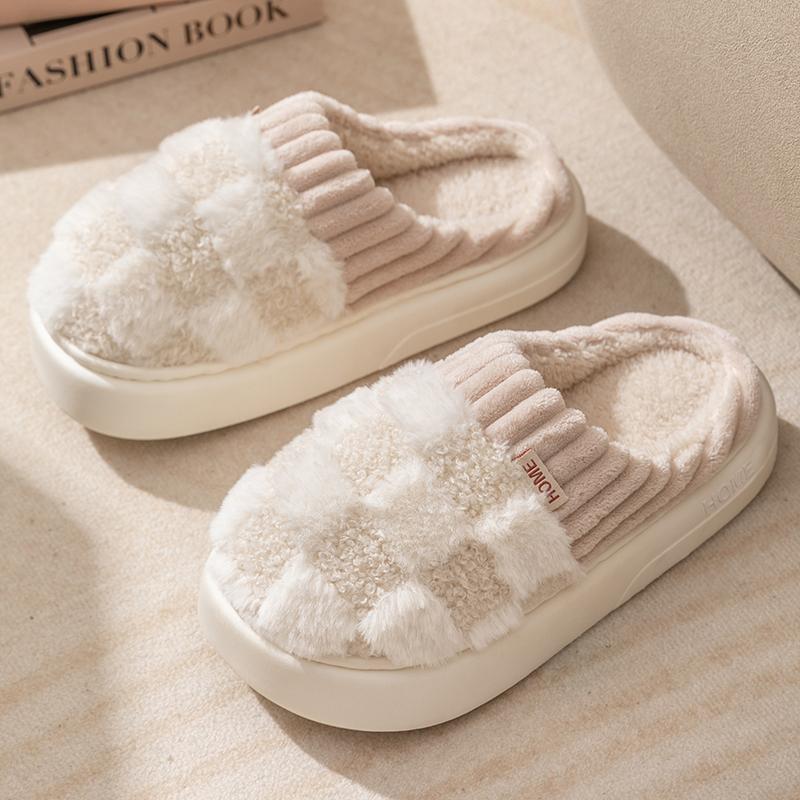 Couple Winter Toe Wrap Warm Plaid Cotton Slippers Thick Soft Sole Slides Men Women Indoor Floor Flat Home Non-slip Shoes