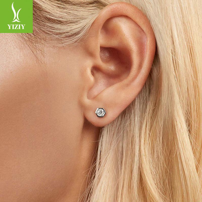 Classic Hexagonal Mozzarella Diamond Stud Earrings, Simple Personalized Fashion S925 Sterling Silver Stud Earrings