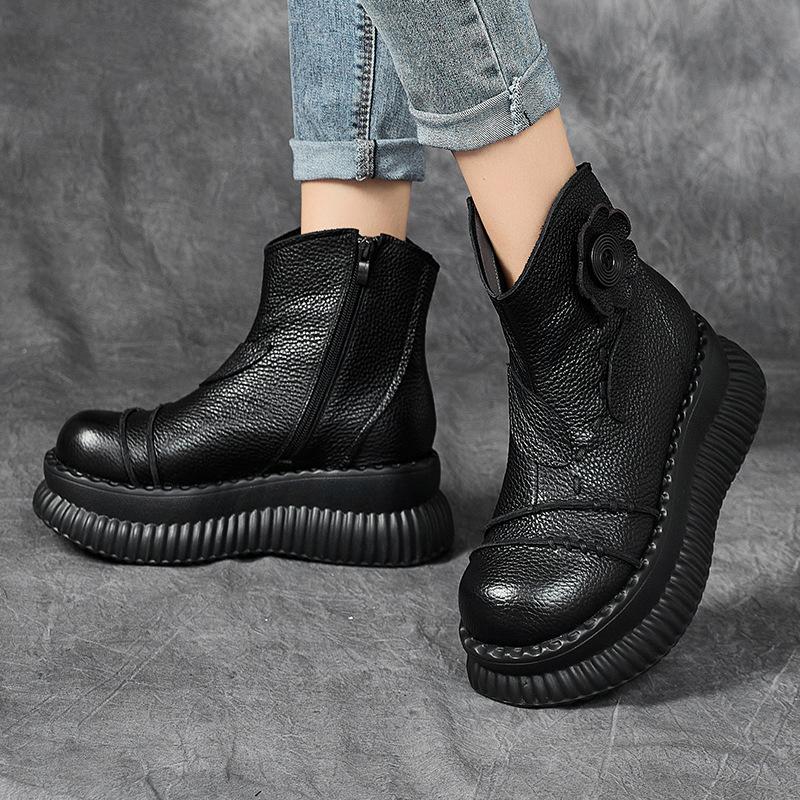 Fashion 2025 New Handmade Mid-calf Boots Platform Women Genuine Leather Short Boots Height Increasing Thick Sole Floral Ladies Shoes