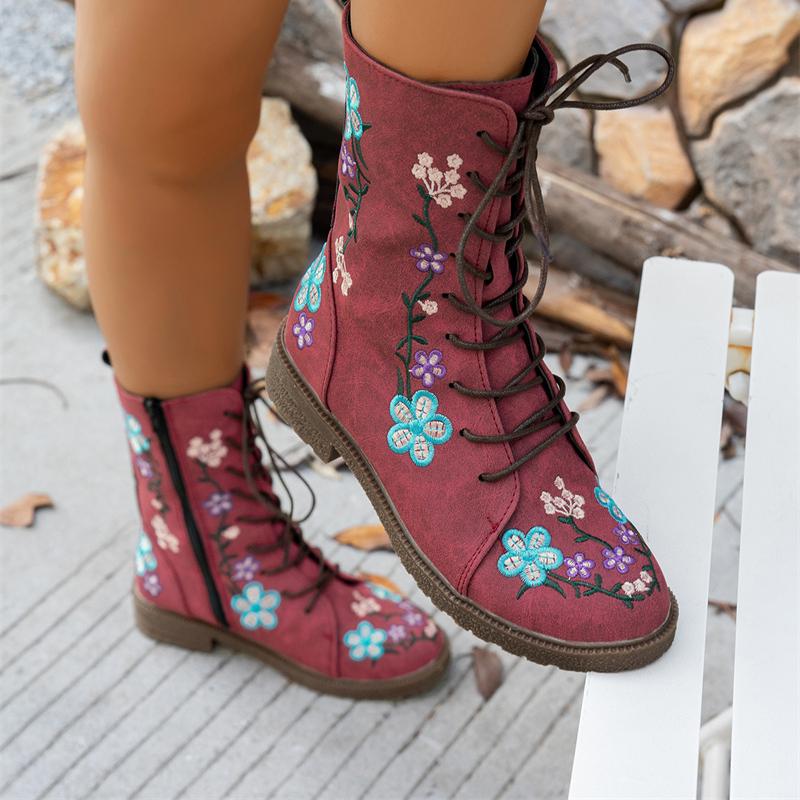 Woman Ankle Boots New Embroidery Big Size Flower Boots Women Autumn Winter Lace Up Comfortable Shoes for Women Botas De Mujer
