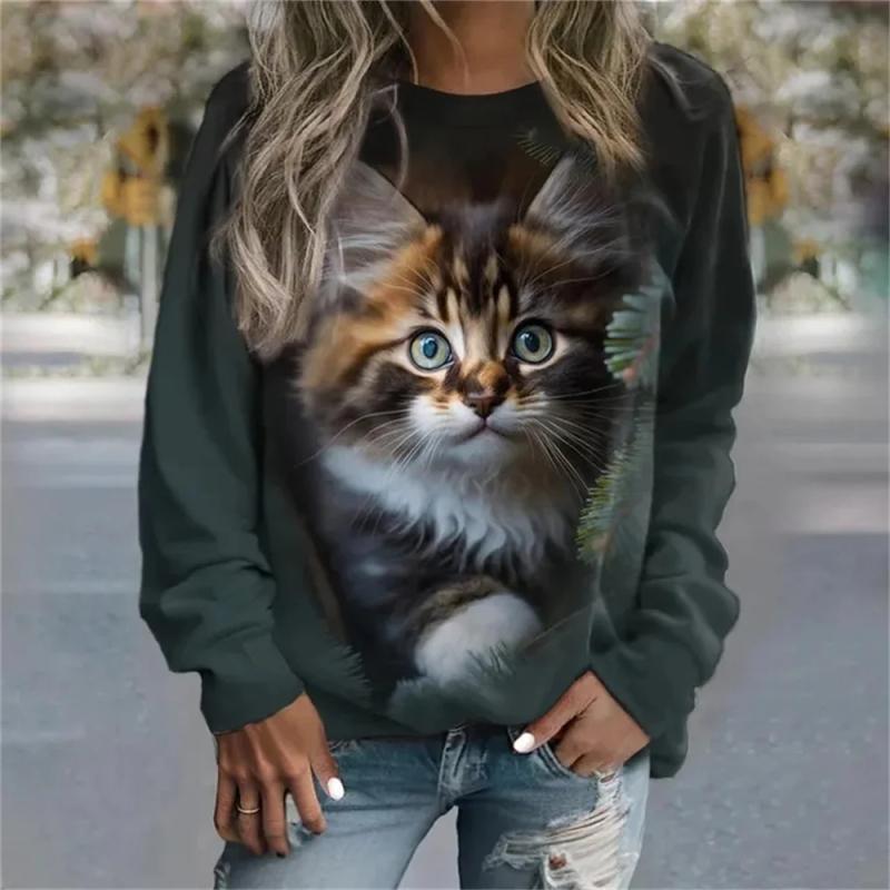 2023 Autumn New Women Round Neck Long Sleeve Fashion Casual Home High Quality Fabric Cute Cat Print Long Sleeve