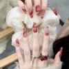 100% HANDMADE Long Coffin Shape Fake Nail Set with Glue Retro Hottie Red Wine Heart Agate Press On Nails Acrylic Fake Nails Reusable Fake Nails