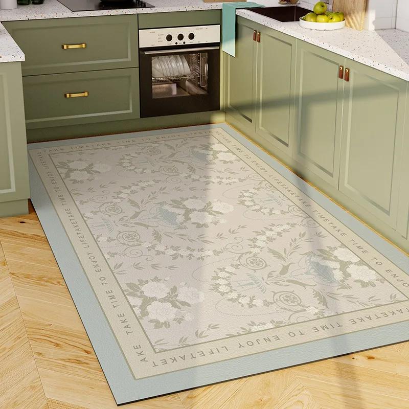 Rug for Kitchen Vinyl Carpet Pvc Waterproof Leather Floor Mat Large Pink Flower Floral Pastoral Style Home Decoration Rugs