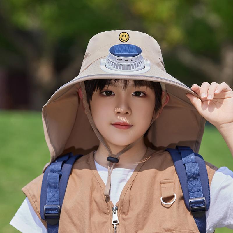 Children's hats summer boys and girls outdoor sun protection hat eaves shawl bucket hat solar fan sun hat