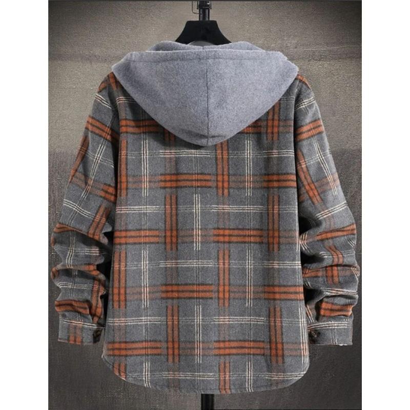 Men's Plaid Long Sleeve Hooded Jacket, Warm Fashion Casual Fall Coat